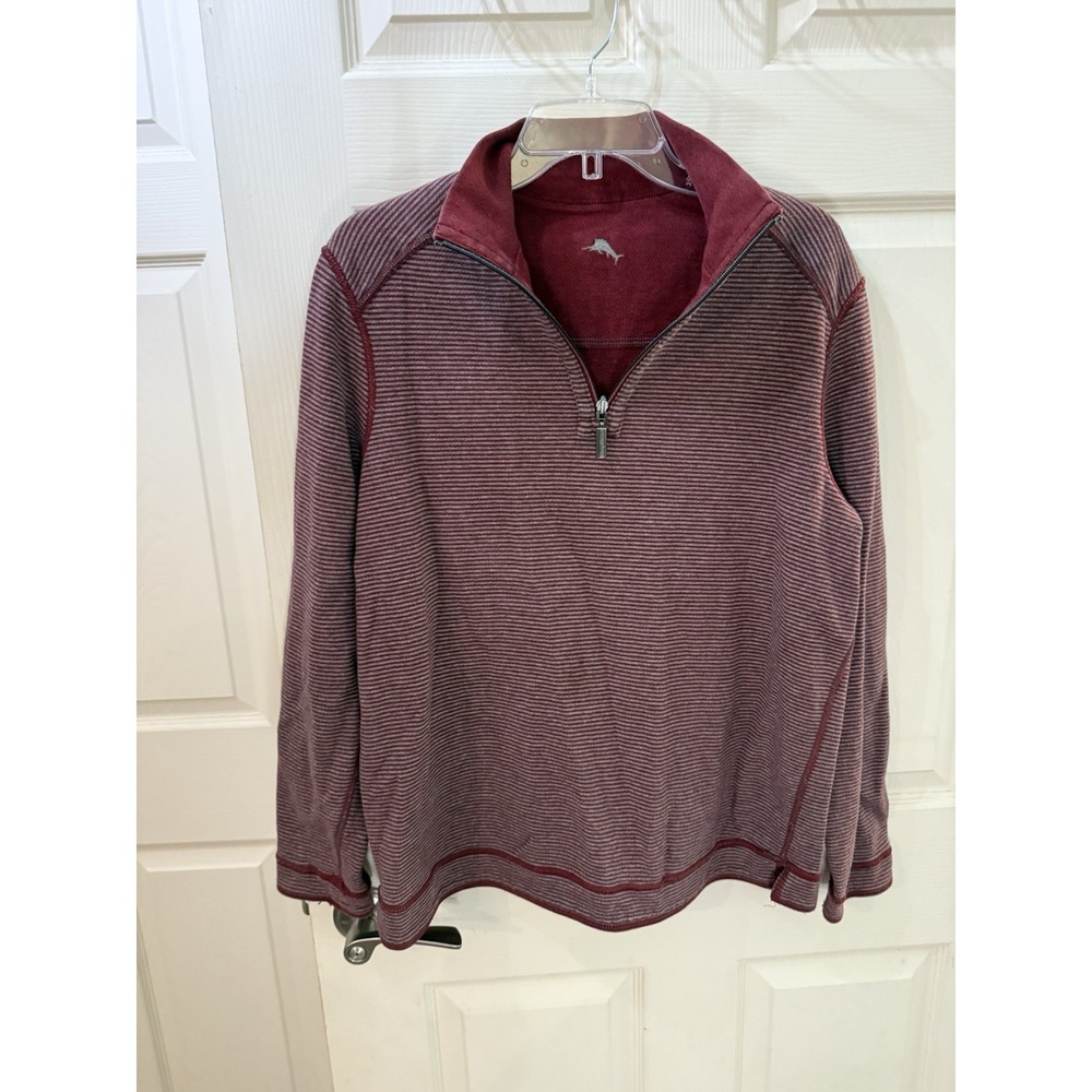 Tommy Bahama‎ Sweater Mens Large Burgundy Striped 1/4 Zip Reversible Preppy Logo